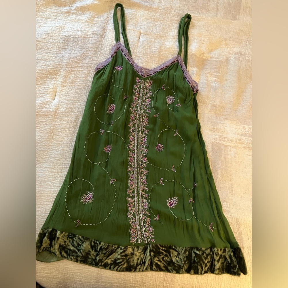 Olive Green Velvet-Trim Slip Bohemian Mini Dress